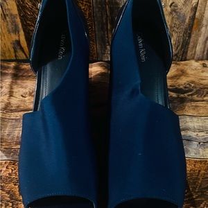 Calvin Klein Peep Toe Fabric Wrap Wedge Heels size 8 1/2 - 9 blue